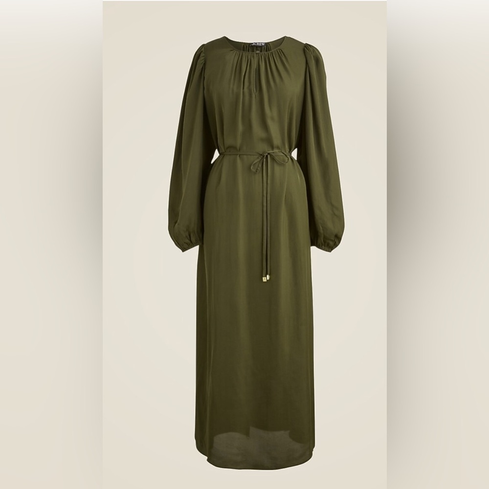 J. Crew Long Sleeve Olive Satin Tie Waist Dress NWT